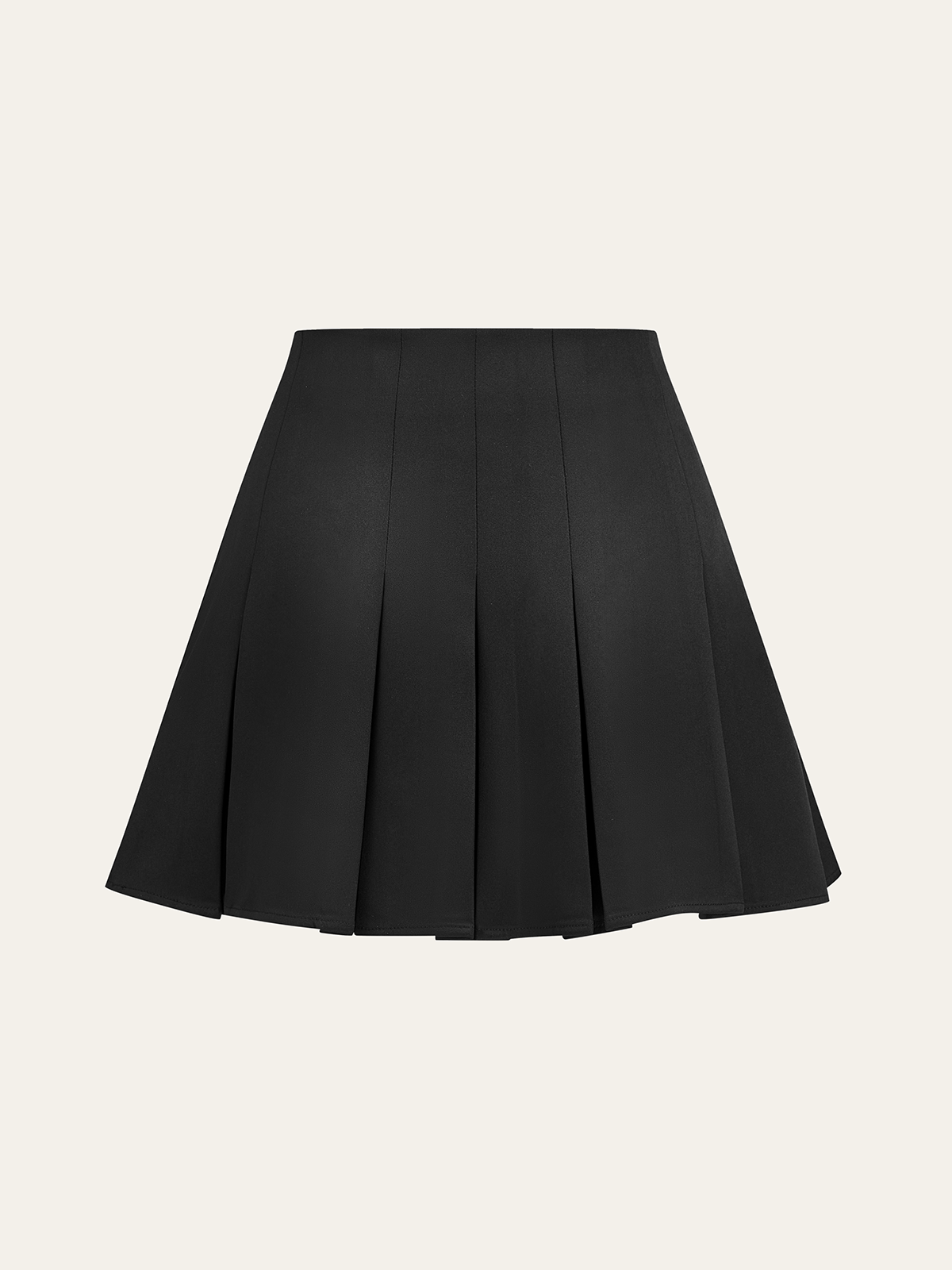 Black pleated mini skirt with decorative buttons and a mid-rise fit.