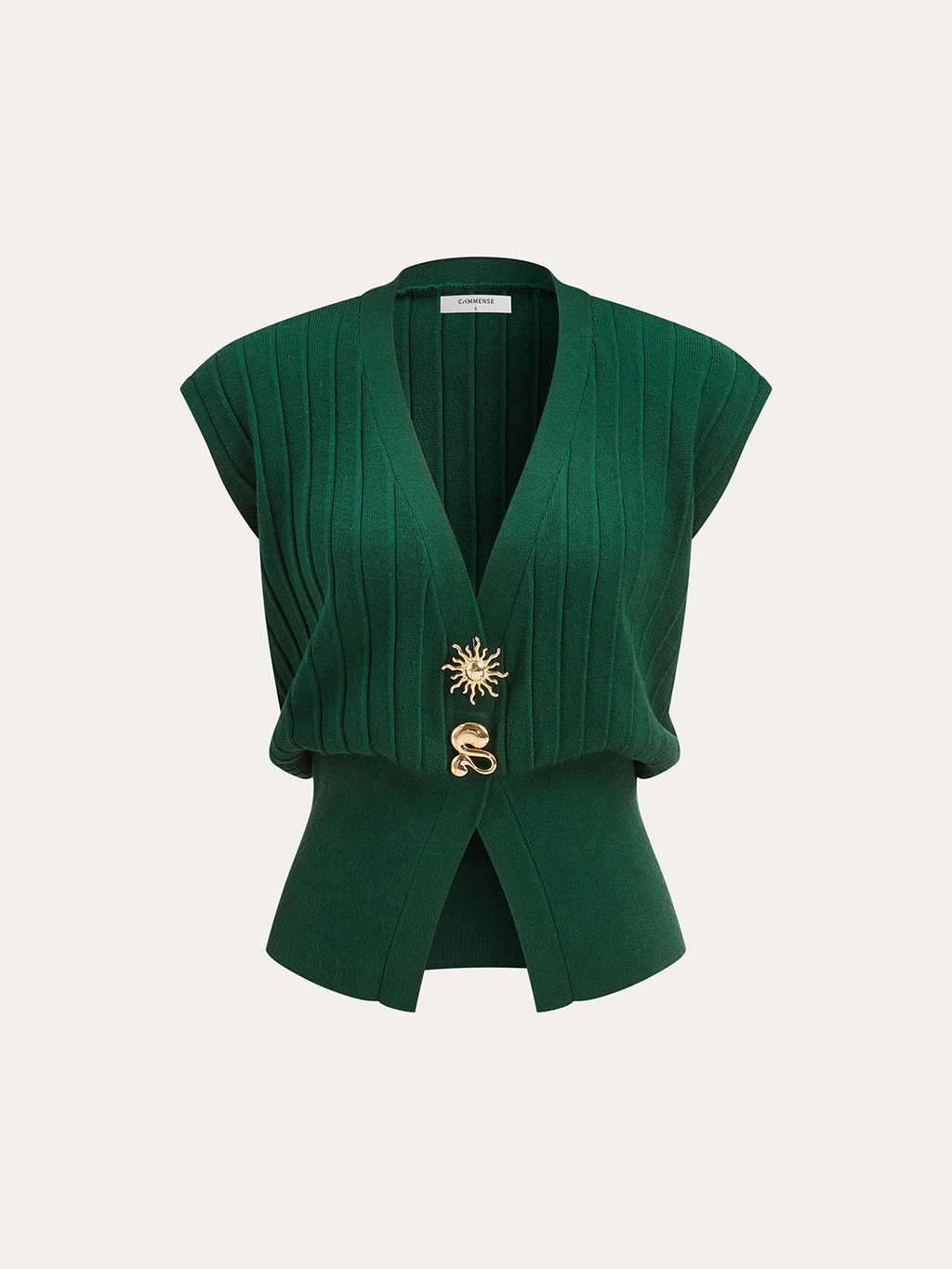 Ribbed knit vest with deep V-neck, cap sleeves, cinched waist, gold sun and snake brooches.