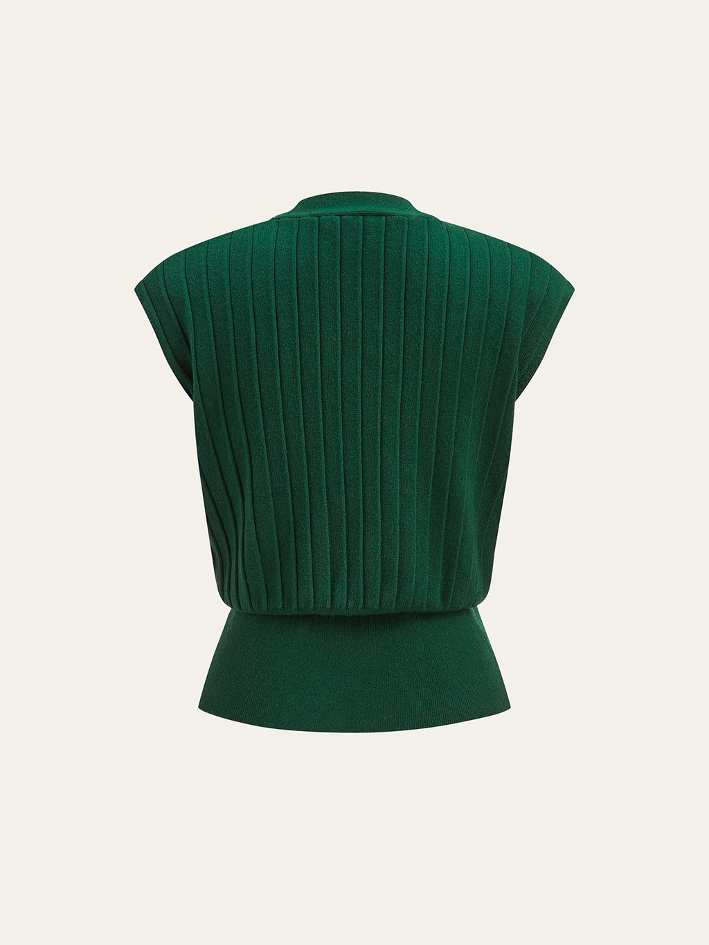 Ribbed knit vest with metallic detail, cap sleeves, fitted waistband, and a high collar.