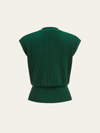 Ribbed knit vest with metallic detail, cap sleeves, fitted waistband, and a high collar.