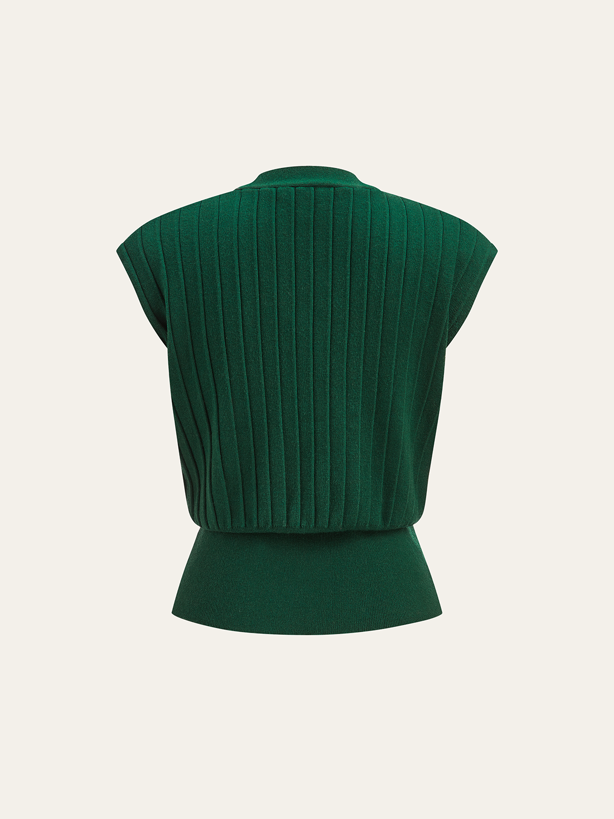 Ribbed knit vest with metallic detail, cap sleeves, fitted waistband, and a high collar.