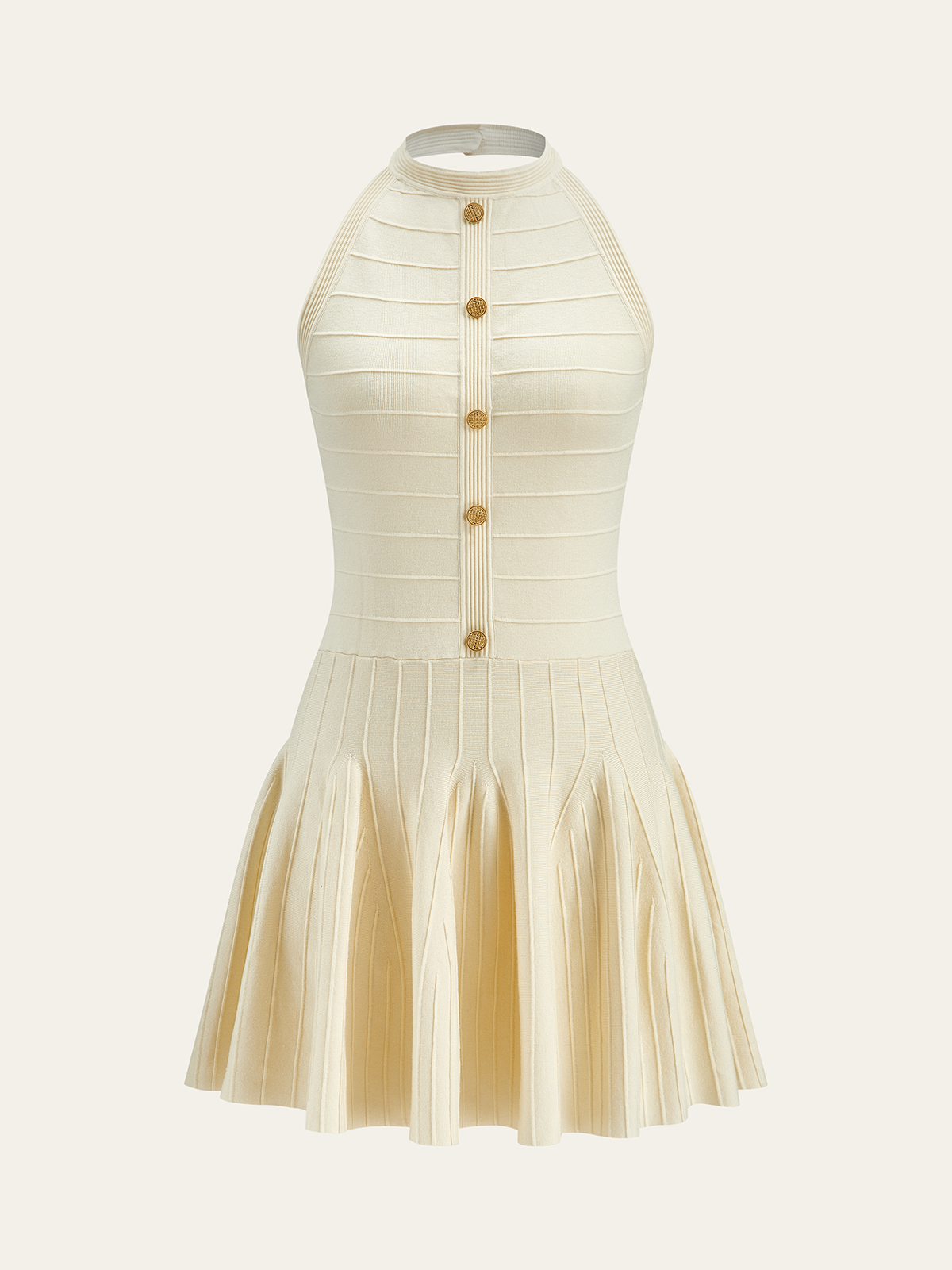 Ivory stretch knit halter dress with ribbed bodice, gold buttons, pleated flared skirt.