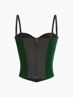 Fitted black bustier crop top with green velvet sides, zip front, and sweetheart neckline.