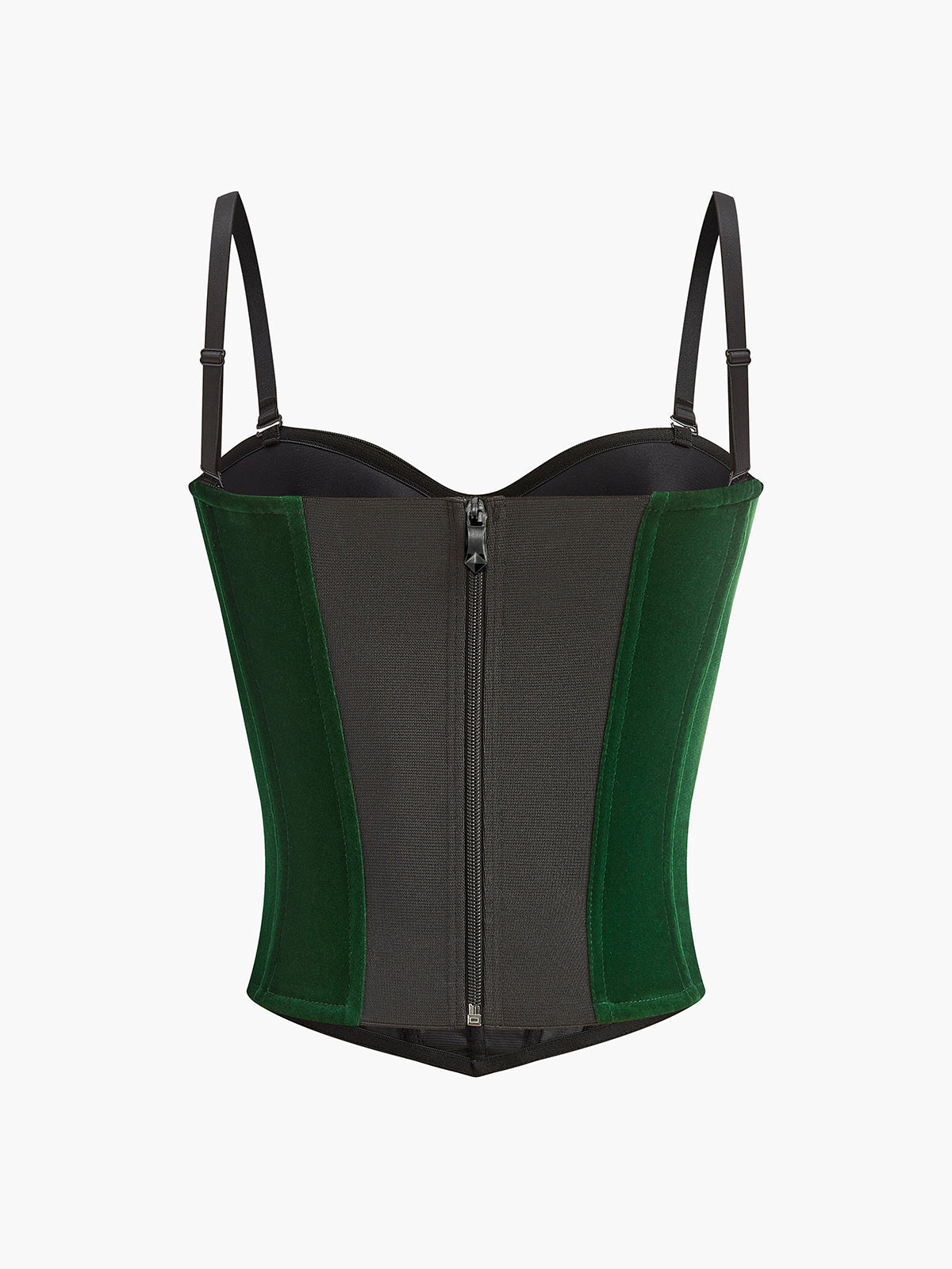 Fitted black bustier crop top with green velvet sides, zip front, and sweetheart neckline.