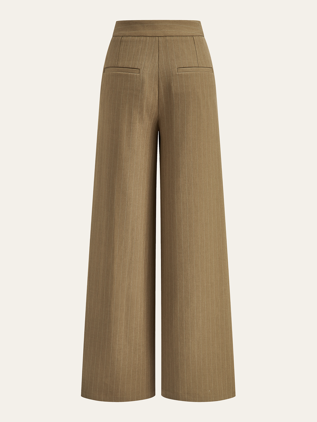 Brown striped wide-leg pleated trousers with subtle pleats and back welt pockets.