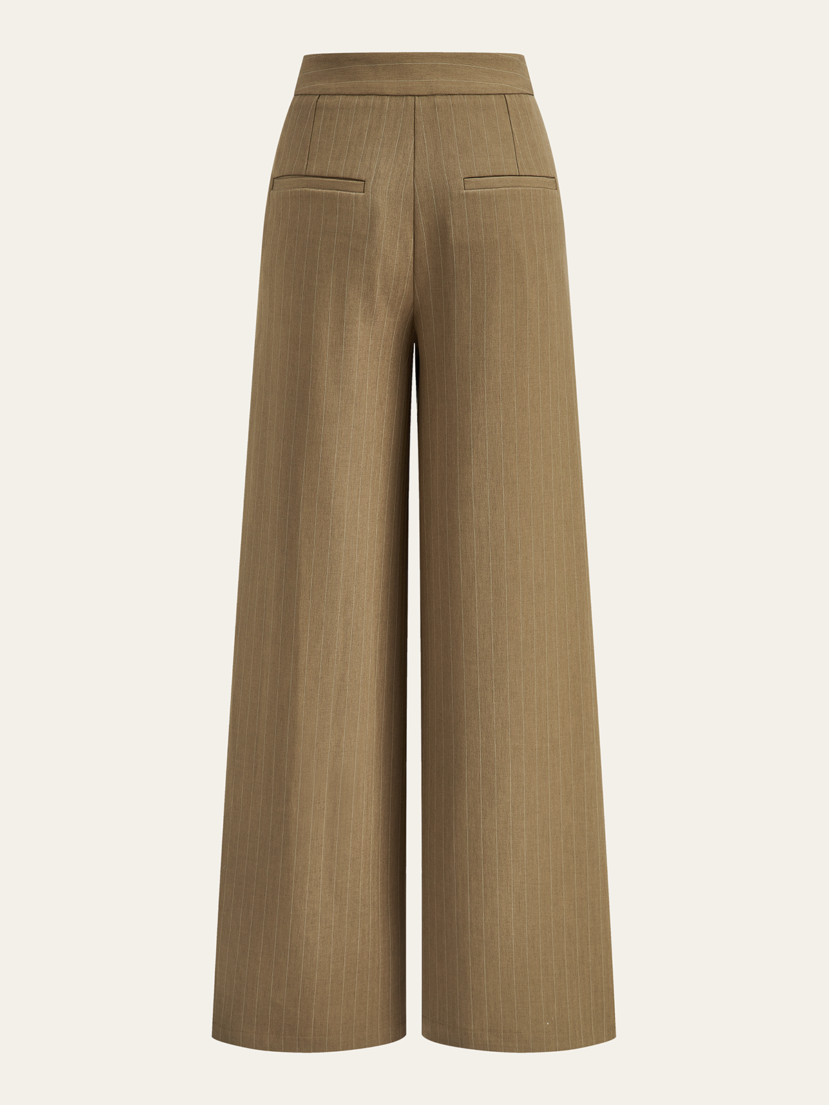 Brown striped wide-leg pleated trousers with subtle pleats and back welt pockets.