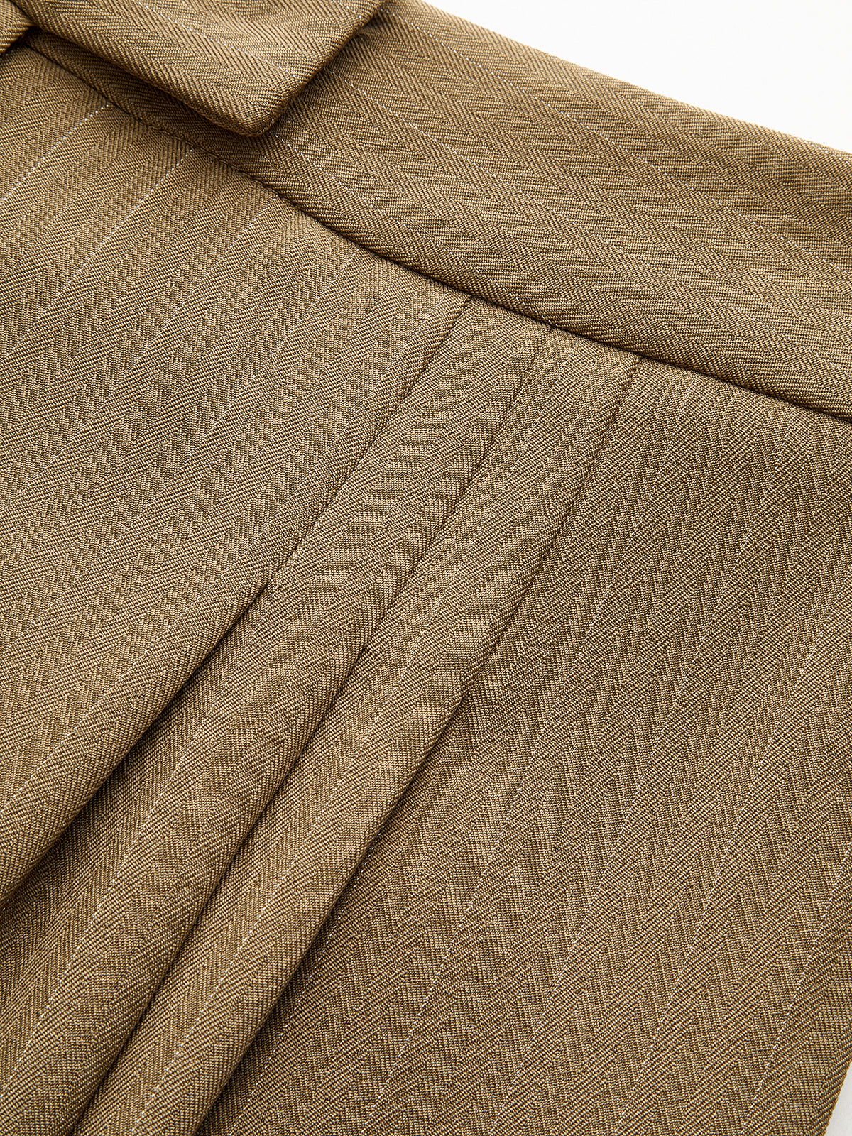 Striped pleated wide-leg trousers with detailed pleats, defined waistband, and fine textured fabric.