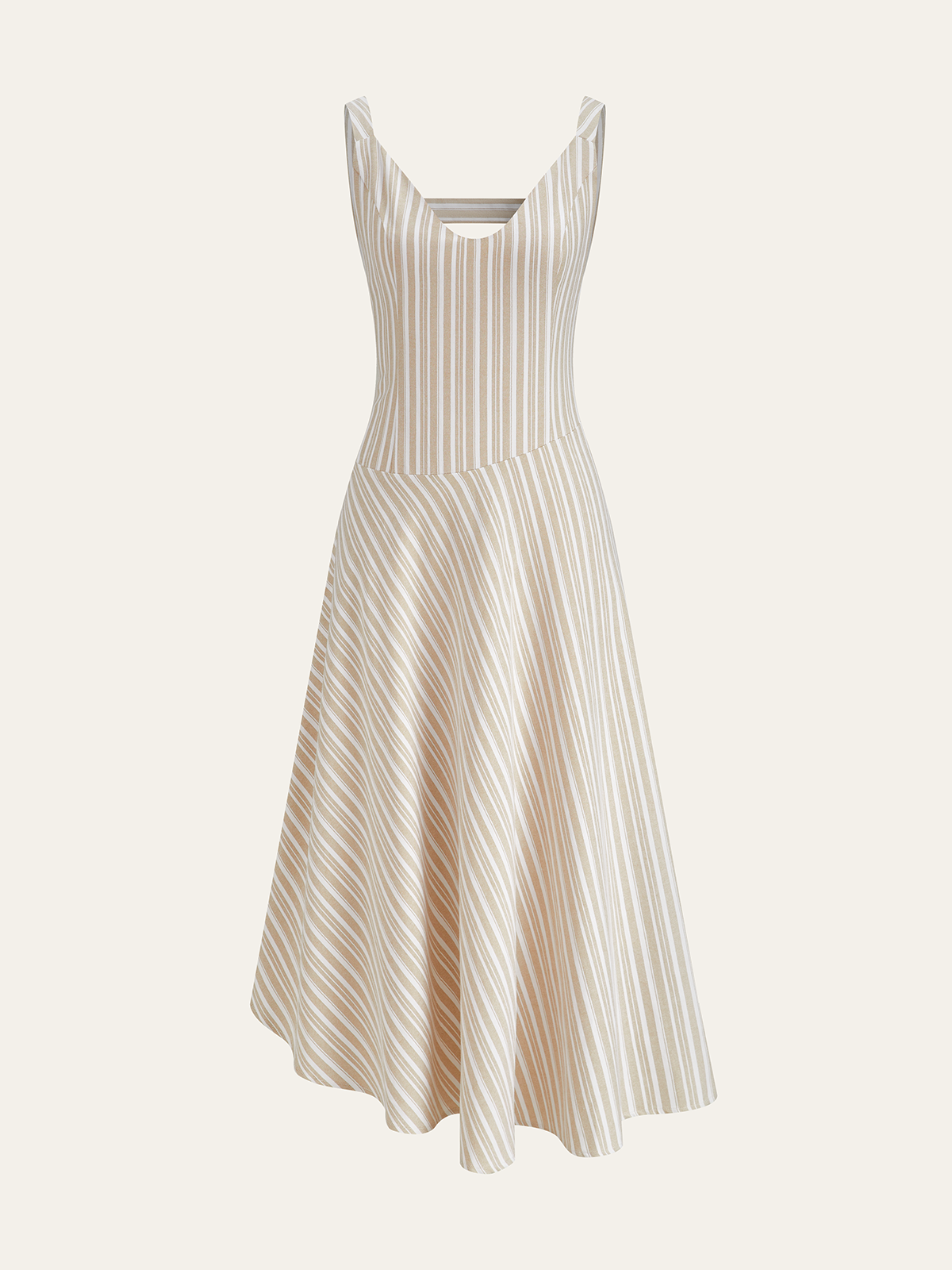 Sleeveless midi dress with fitted bodice, flared skirt, beige and white vertical-diagonal stripes.