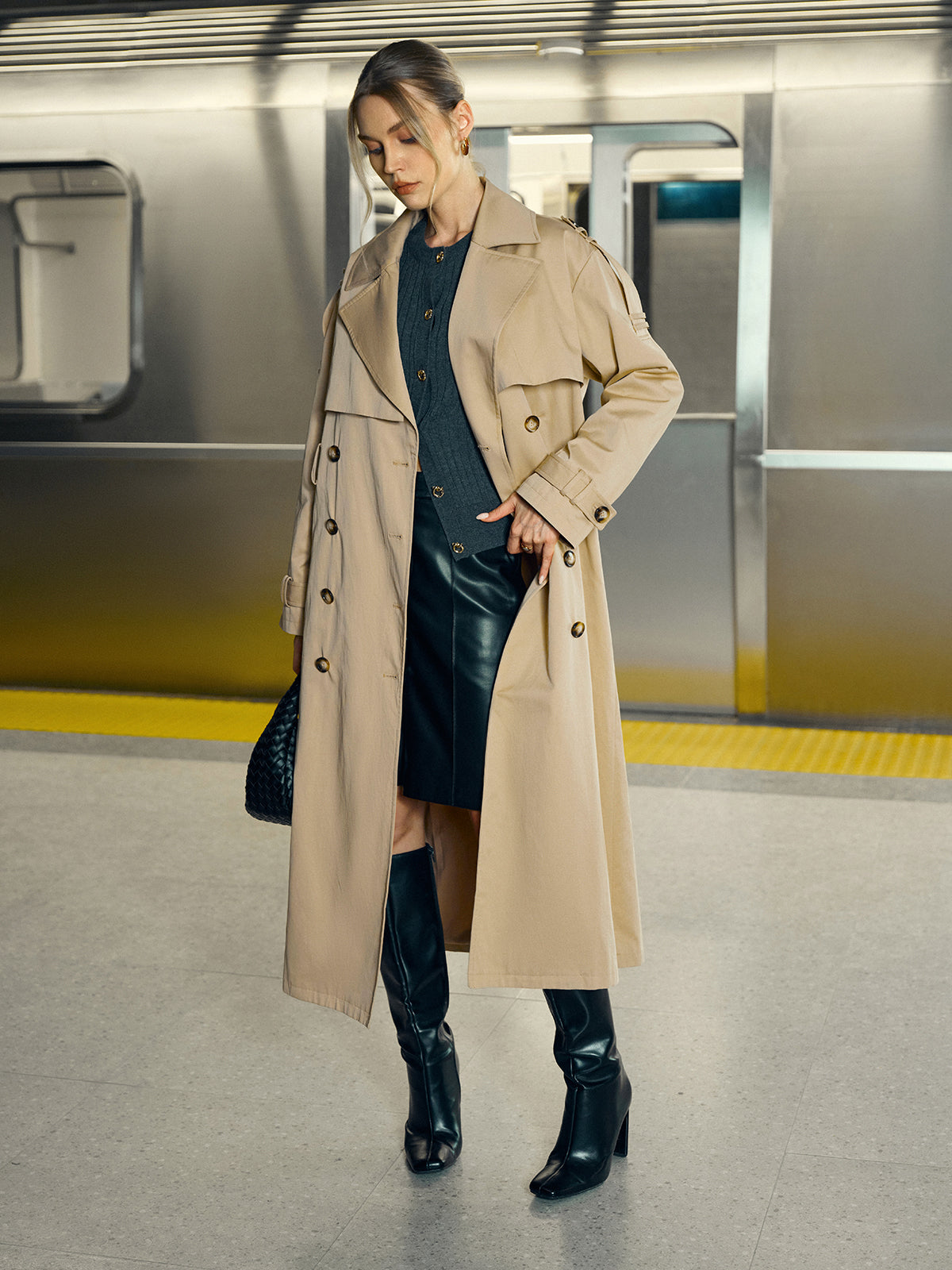 Double-Breasted Cotton-Blend Trench Coat with Belt