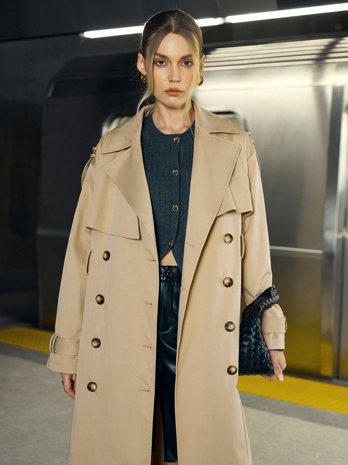Double-Breasted Cotton-Blend Trench Coat with Belt