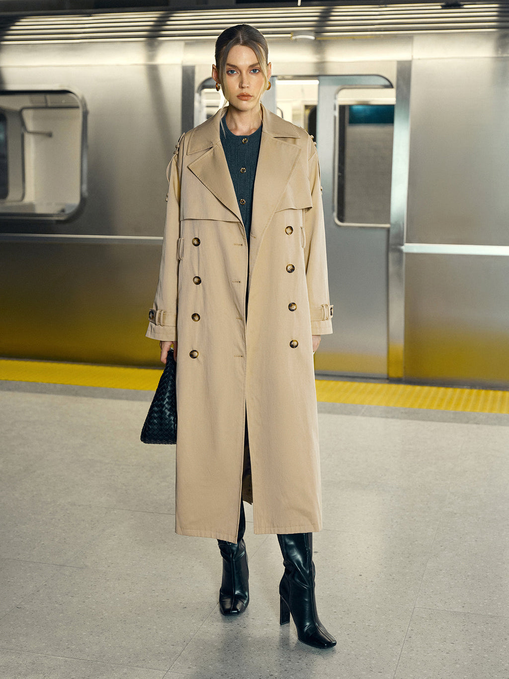 Double-Breasted Cotton-Blend Trench Coat with Belt