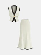 Contrast Trim Sweater Vest with Coordinated Midi Skirt