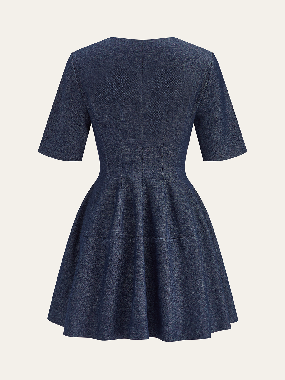 A denim zip-front dress with short sleeves, fitted waist, and flared knee-length skirt.