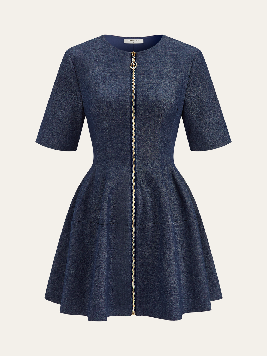 Dark blue denim zip-front mini dress with short sleeves, fitted waist, and flared skirt.