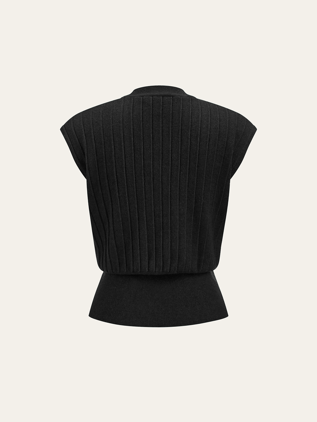 Black ribbed knit vest with metallic detail, cap sleeves, fitted hem, and structured shoulders.