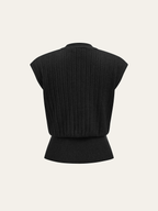 Black ribbed knit vest with metallic detail, cap sleeves, fitted hem, and structured shoulders.