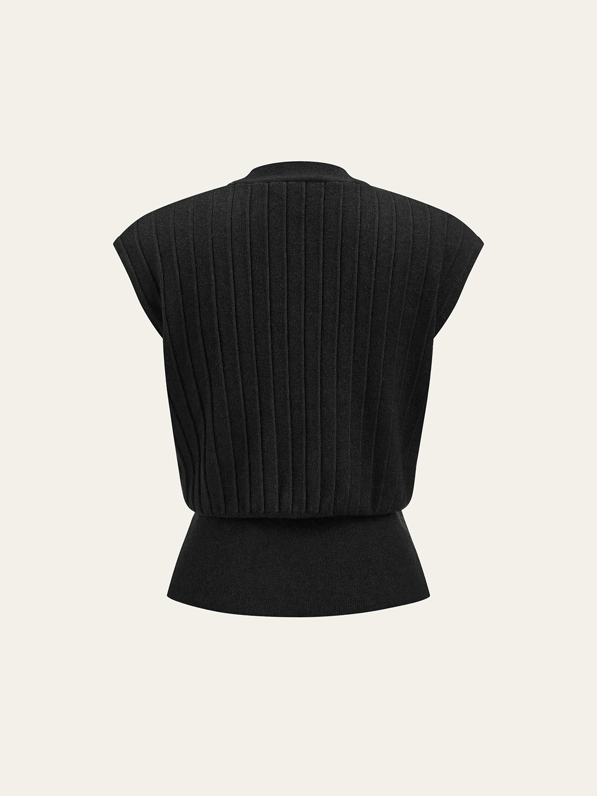 Black ribbed knit vest with metallic detail, cap sleeves, fitted hem, and structured shoulders.