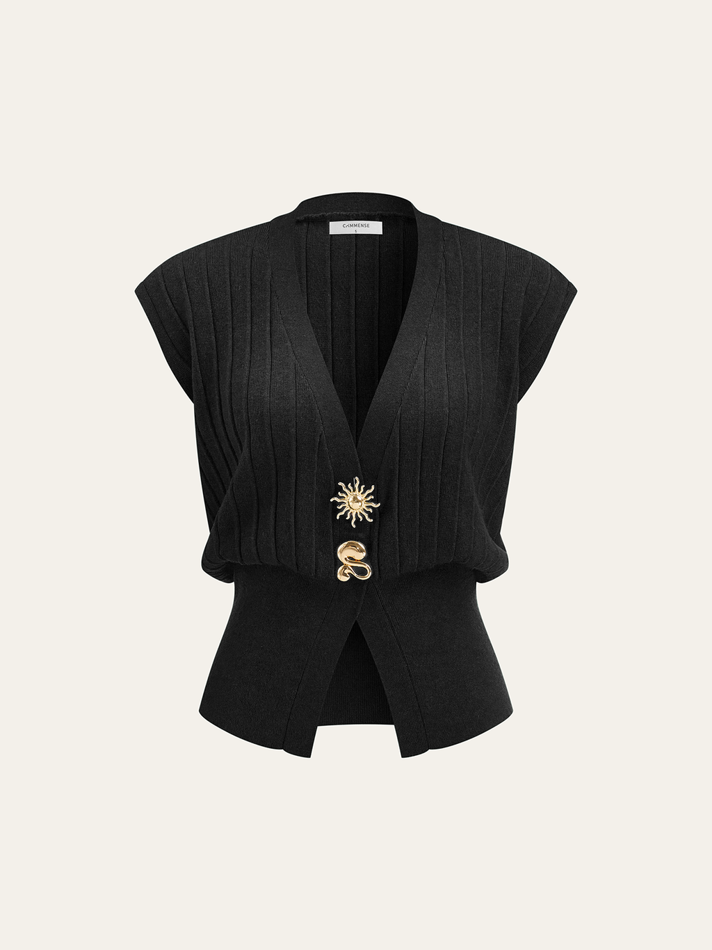 A black ribbed knit vest with metallic details, cap sleeves, and two gold pins at waist.