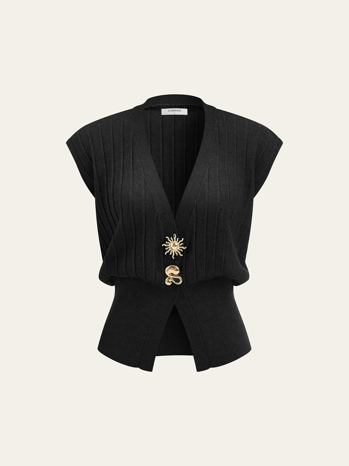 A black ribbed knit vest with metallic details, cap sleeves, and two gold pins at waist.