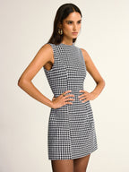 Sleeveless A-line mini dress featuring a chic houndstooth pattern, designed by LA FINE FLEUR.