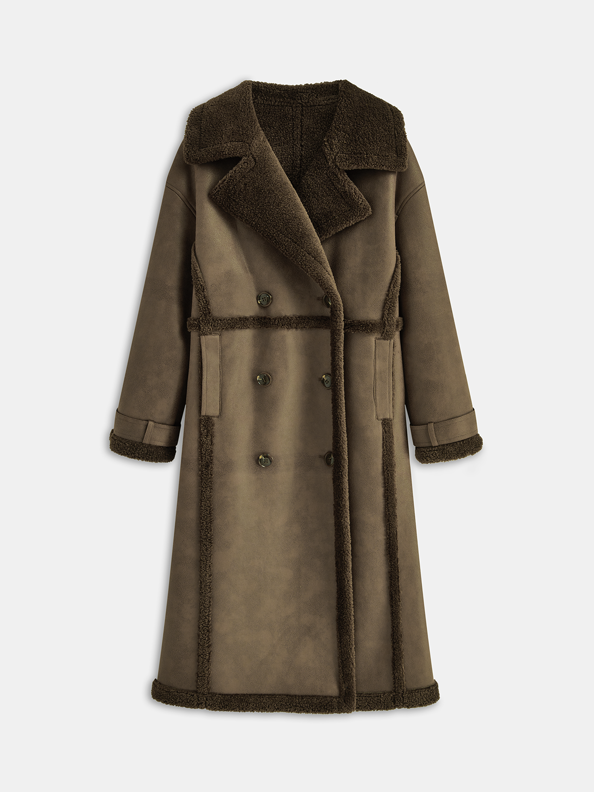 Double-Breasted Longline Coat, Fleece & Faux Leather Detail