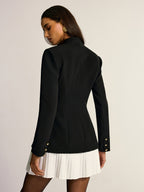 Contrast Pleated Tailored Blazer Dress with gold sleeve buttons and white pleated skirt.