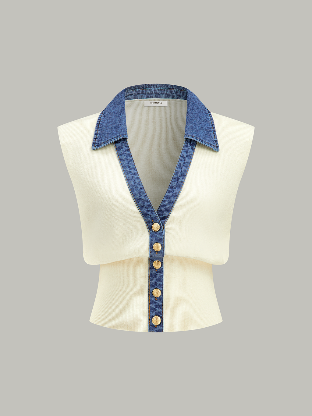 Denim-Accented Metal-Buttoned Knit Vest