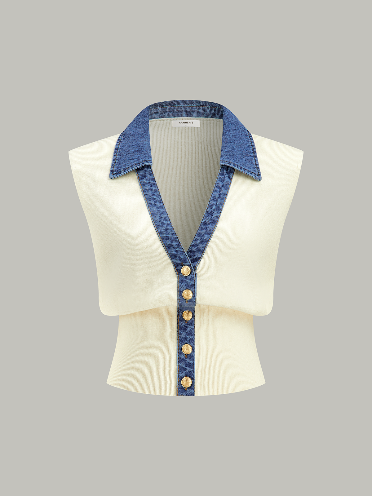 Denim-Accented Metal-Buttoned Knit Vest
