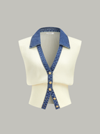 Denim-Accented Metal-Buttoned Knit Vest