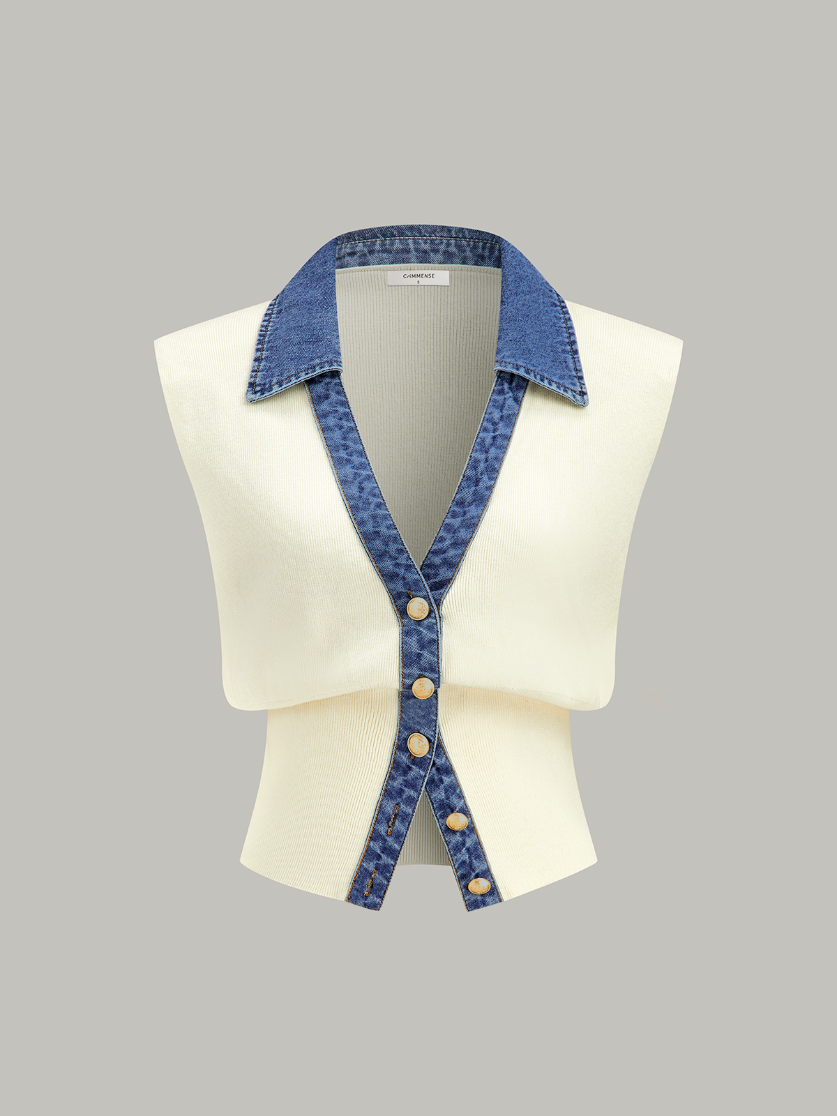 Denim-Accented Metal-Buttoned Knit Vest