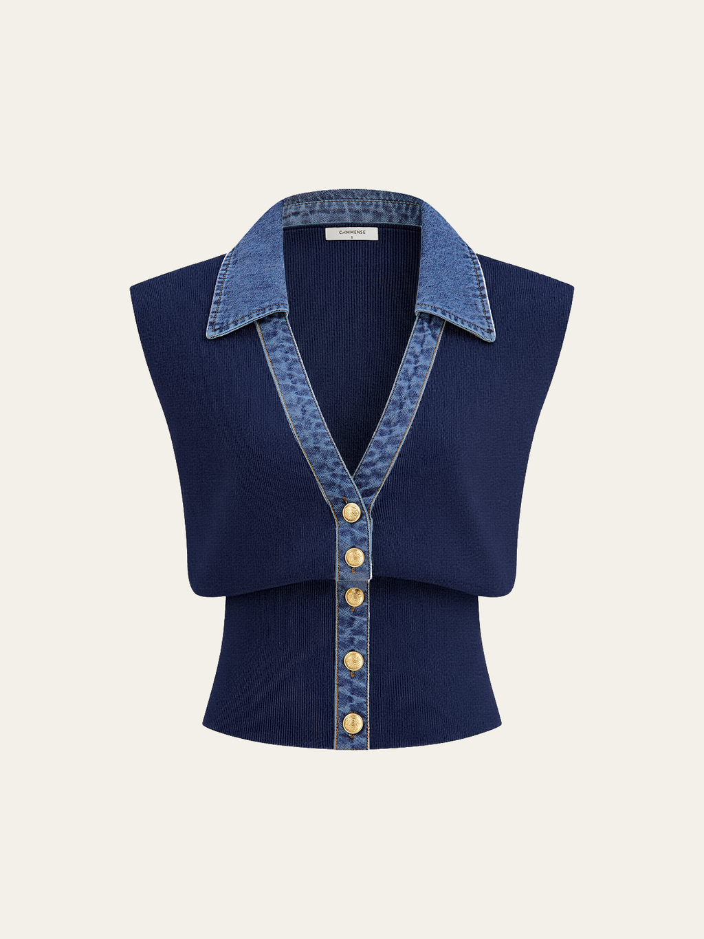 Denim-Accented Metal-Buttoned Knit Vest