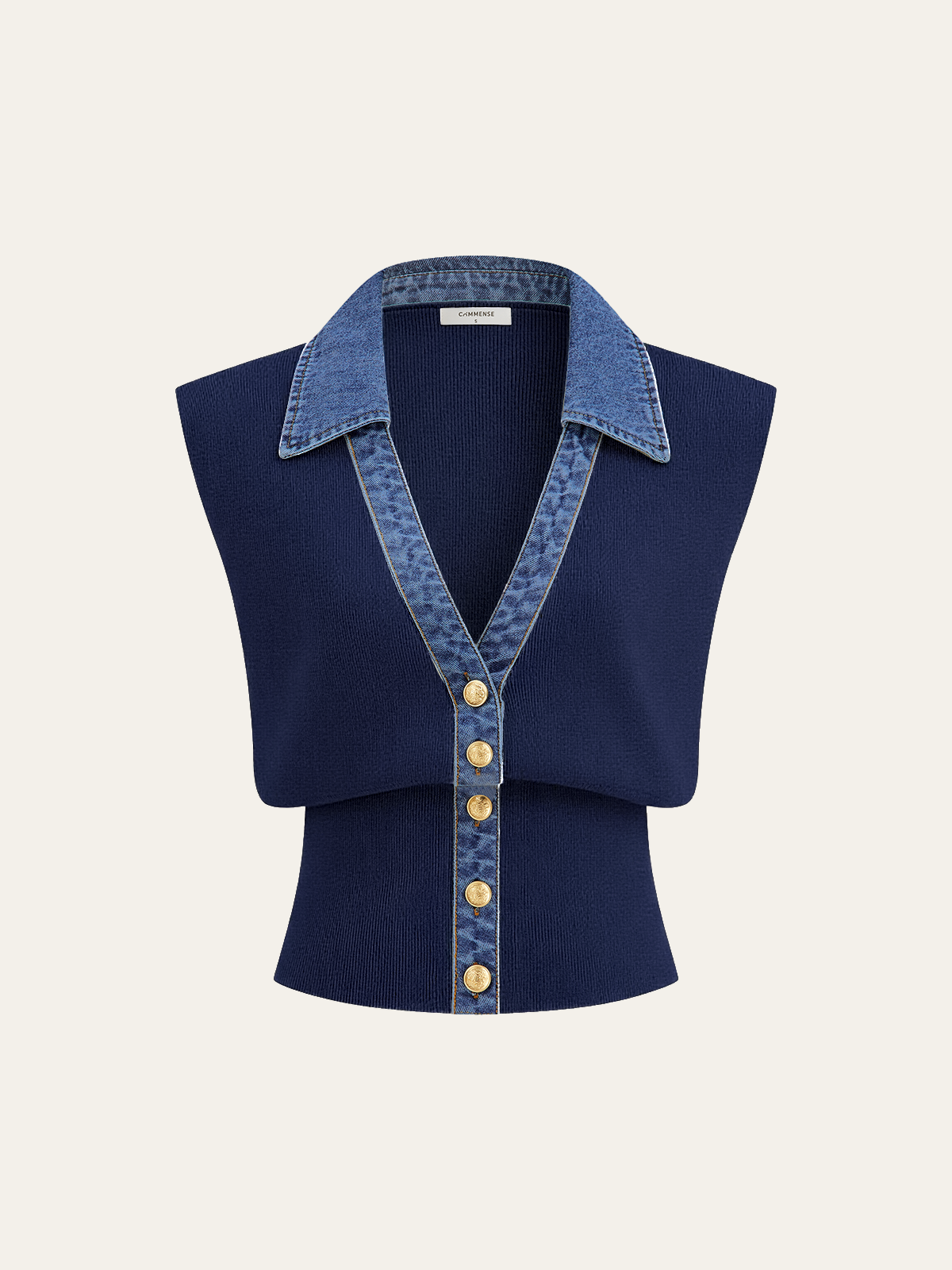 Denim-Accented Metal-Buttoned Knit Vest