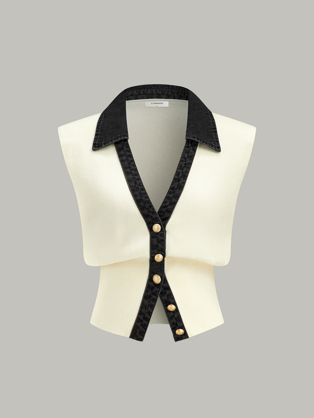 Denim-Accented Metal-Buttoned Knit Vest