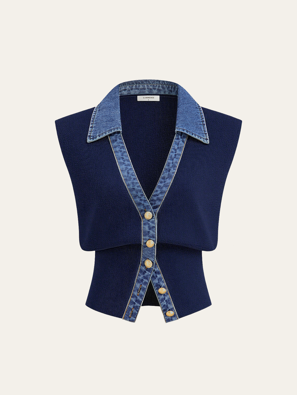Denim-Accented Metal-Buttoned Knit Vest