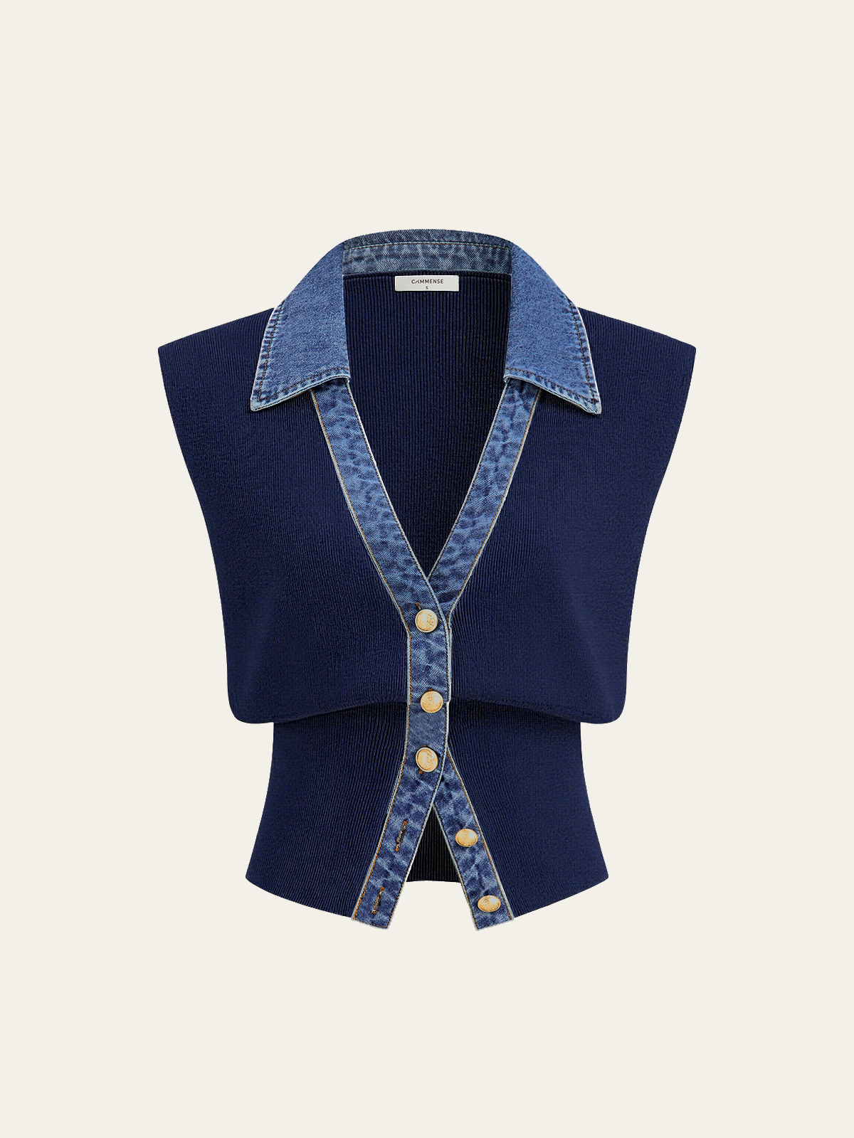 Denim-Accented Metal-Buttoned Knit Vest