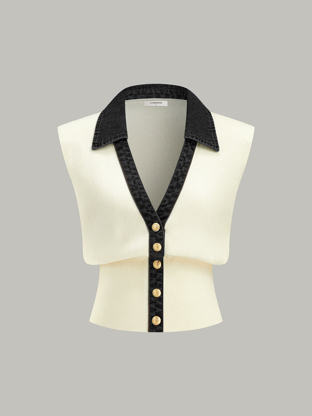Denim-Accented Metal-Buttoned Knit Vest