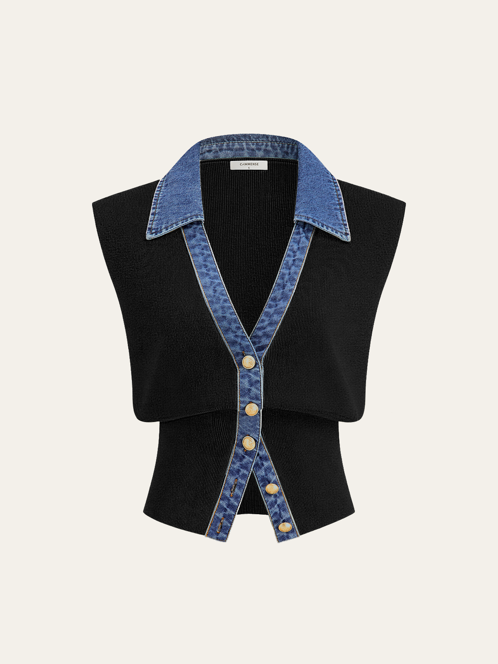 Denim-Accented Metal-Buttoned Knit Vest