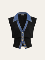 Denim-Accented Metal-Buttoned Knit Vest