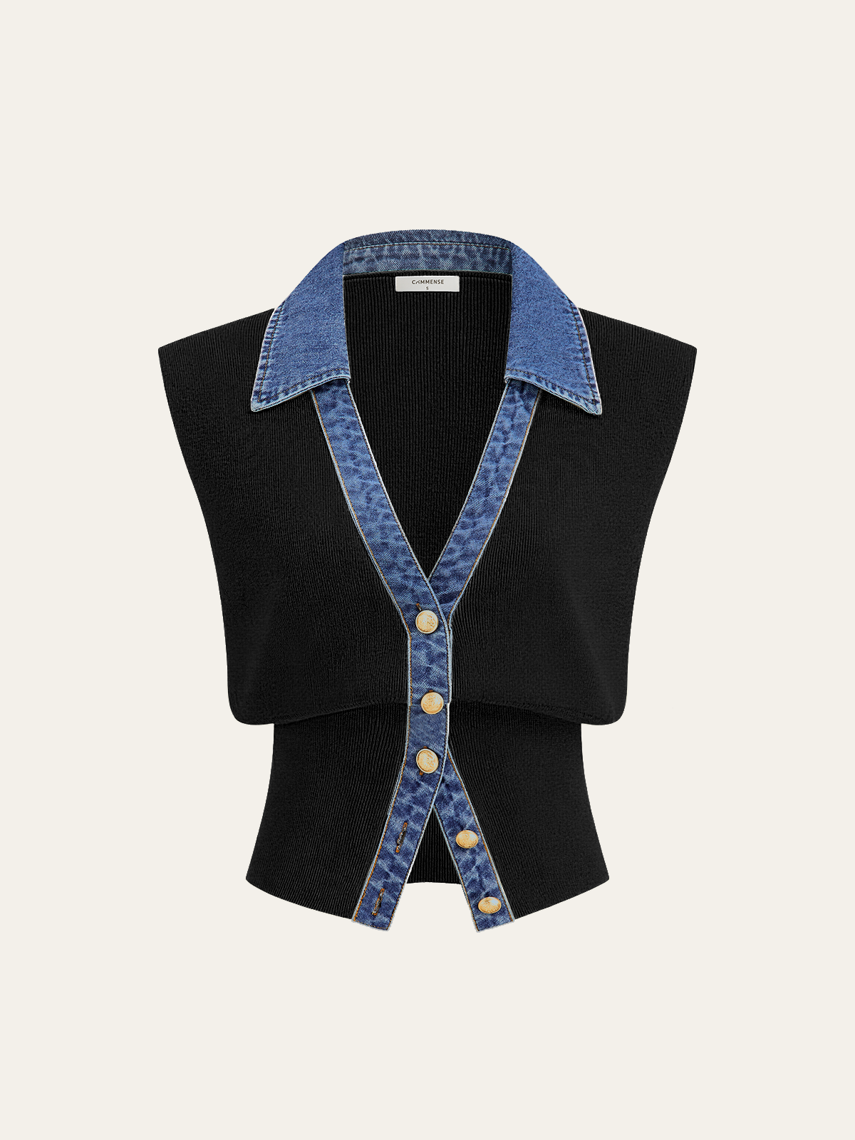 Denim-Accented Metal-Buttoned Knit Vest