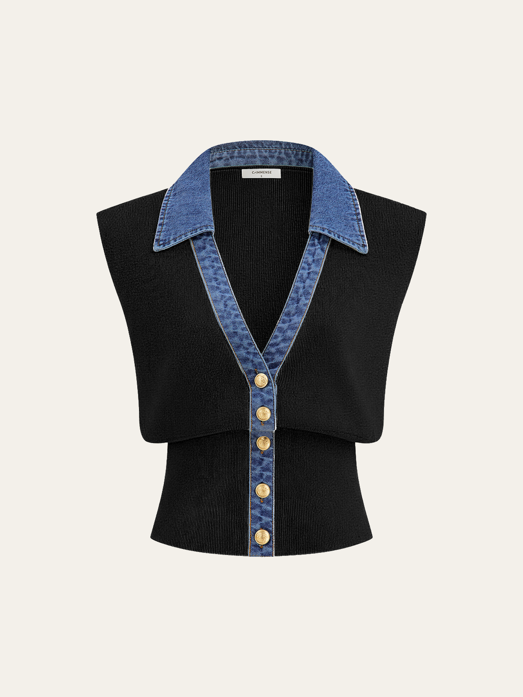Denim-Accented Metal-Buttoned Knit Vest