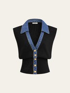 Denim-Accented Metal-Buttoned Knit Vest