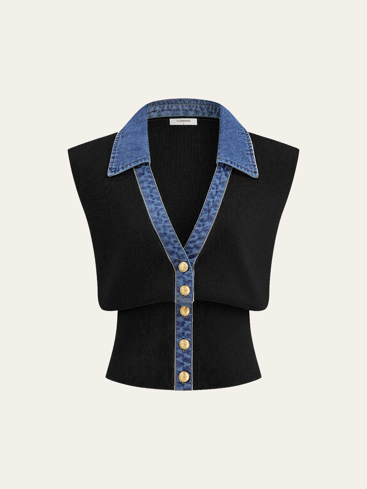 Denim-Accented Metal-Buttoned Knit Vest