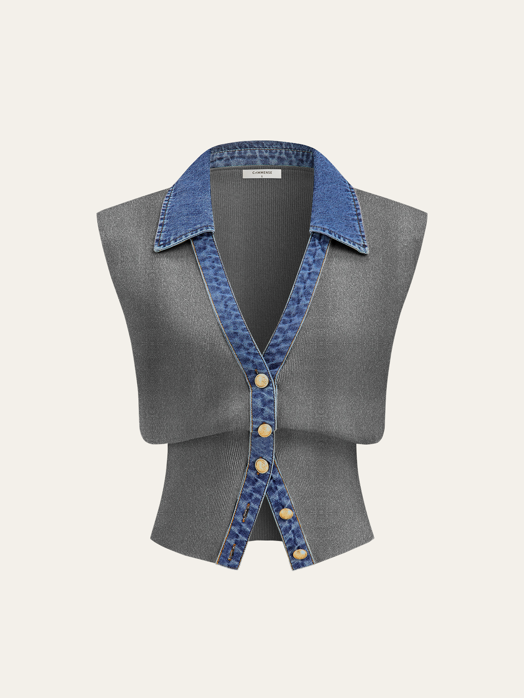 Denim-Accented Metal-Buttoned Knit Vest