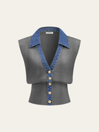 Denim-Accented Metal-Buttoned Knit Vest