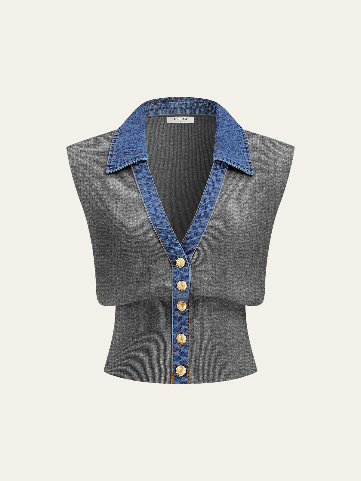 Denim-Accented Metal-Buttoned Knit Vest
