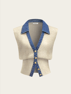 Denim-Accented Metal-Buttoned Knit Vest