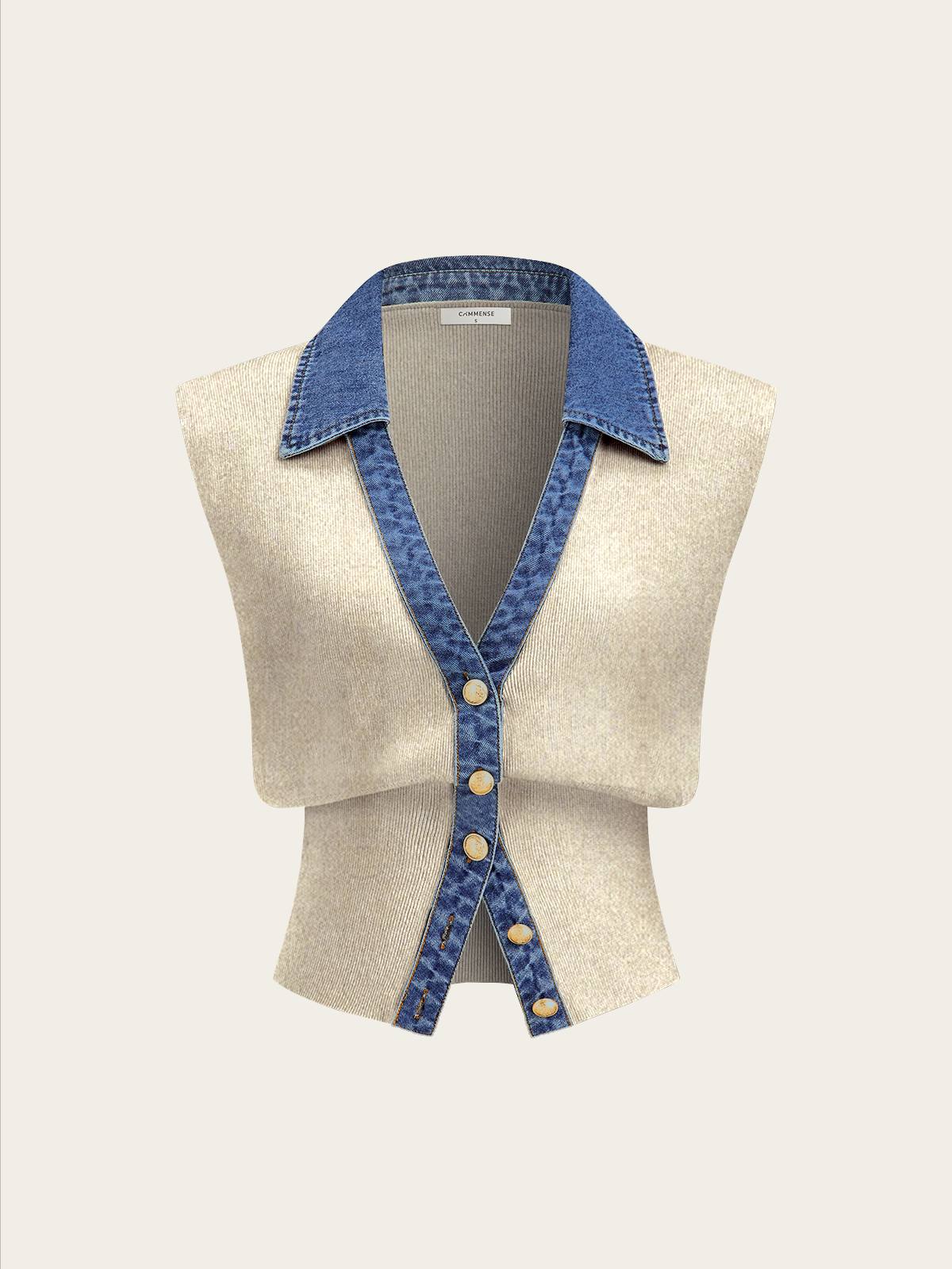 Denim-Accented Metal-Buttoned Knit Vest