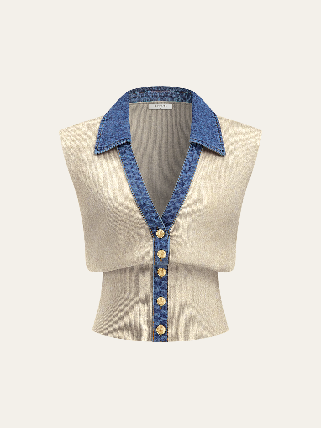 Denim-Accented Metal-Buttoned Knit Vest