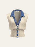 Denim-Accented Metal-Buttoned Knit Vest