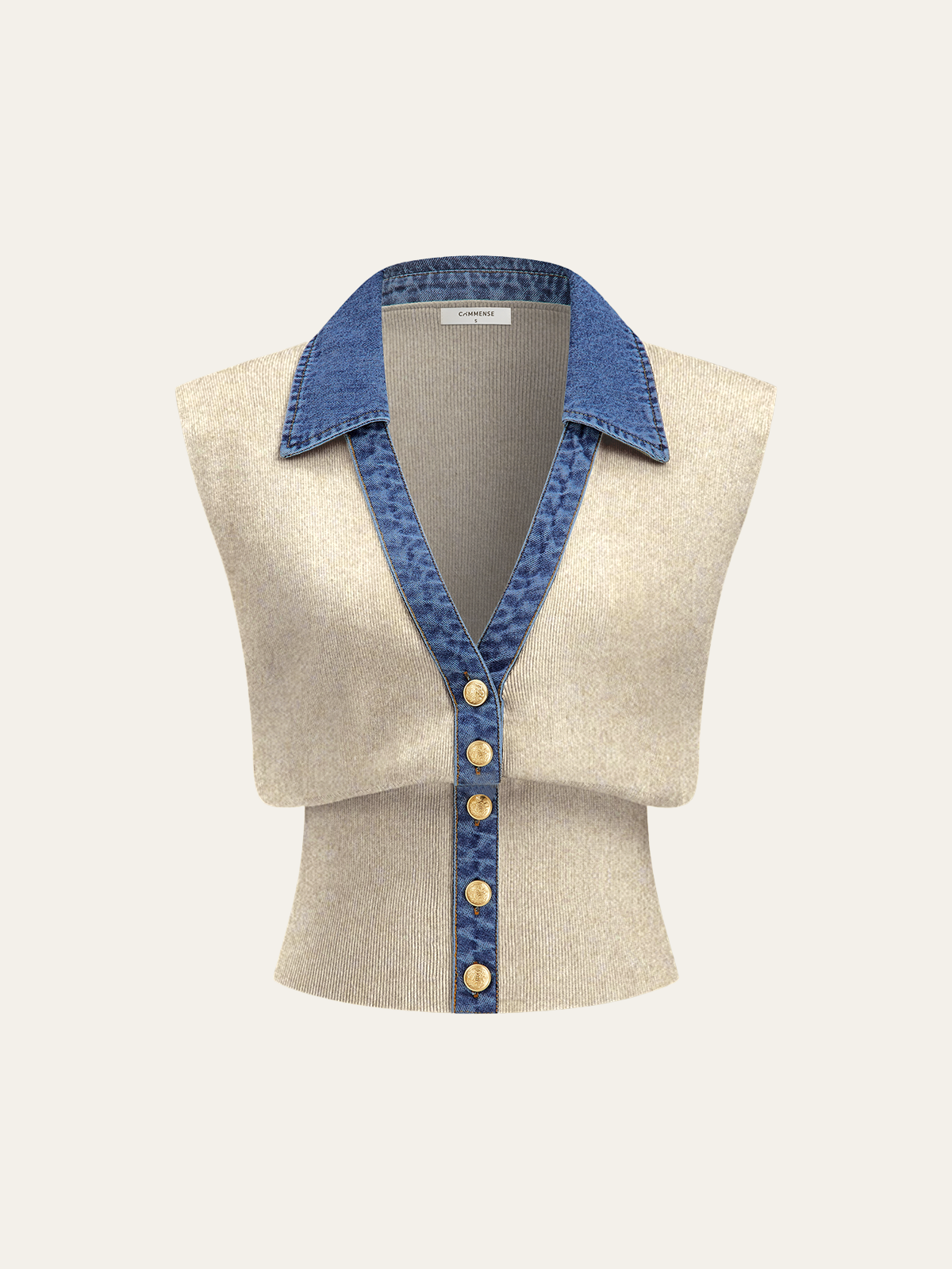 Denim-Accented Metal-Buttoned Knit Vest